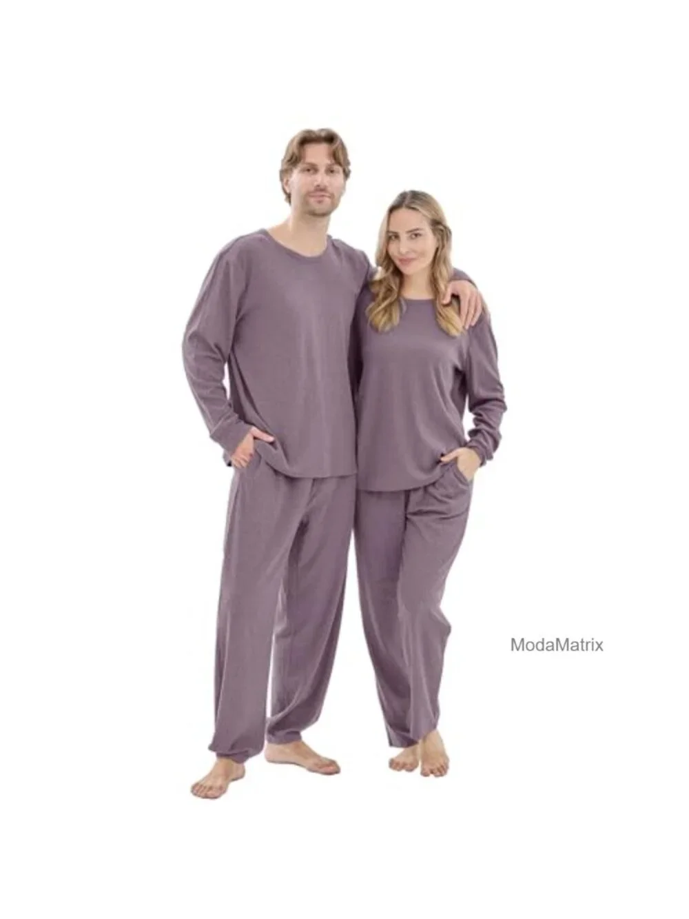 Ribbed Knit Matching Pajamas for Couples - Long Sleeve Top & Wide Pant